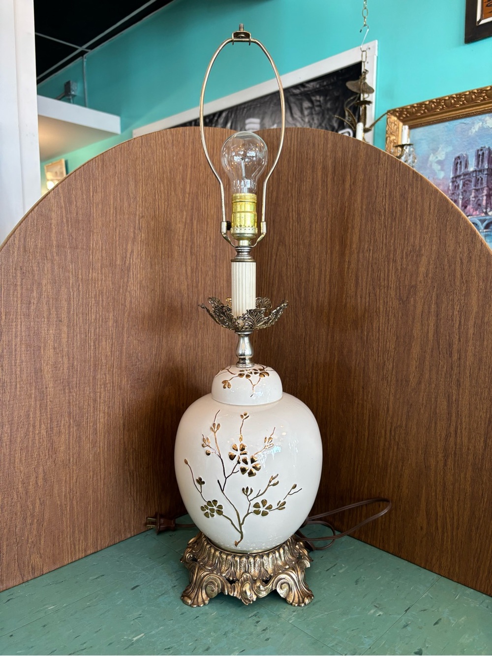 Vintage table lamp Hollywood regency white with gold cherry blossom flowers